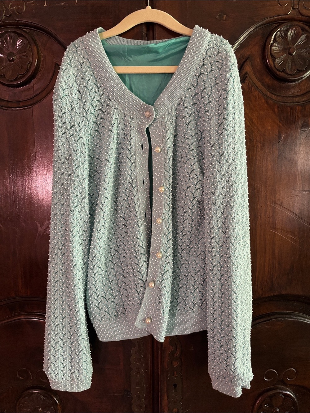 leifsdottir Teal Satin-Lined Top with Light Mint Knit Trim